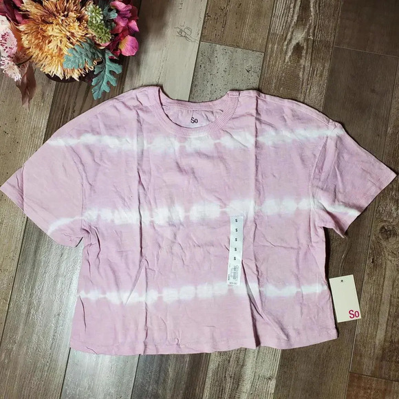NWT SO Juniors' Cropped Boxy Tie Dye Tee Size Small Pink White - Picture 1 of 12
